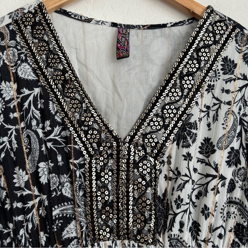 Anthropologie/Me 2 Magic Dress XL Maxi Tiered Flare Sleeve Paisley Black White - Picture 5 of 11